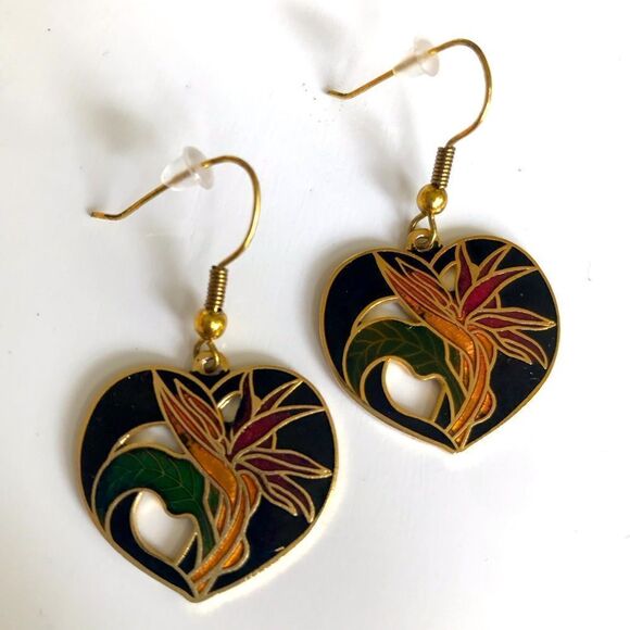 Cloisonné Tropical Flower Heart Shaped Vintage Pierced Earrings - Picture 8 of 14